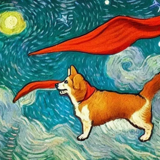 Image similar to corgi with [ angelic wings ]!!, [ flying like a superhero ]!! in the [ night sky ]!! where the stars are visibly perceptible, [ realistic photo ]!!, [ illustrated by vincent van gogh ]!!, trending on artstation