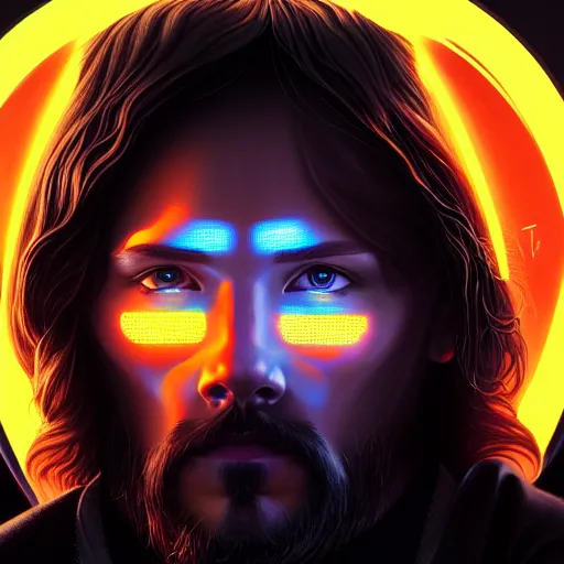 Image similar to portrait of tron legacy jesus, hyper realistic, concept art, intricate, hyper detailed, smooth, illustration. artstation, rutkowski, gurney, alphonse mucha