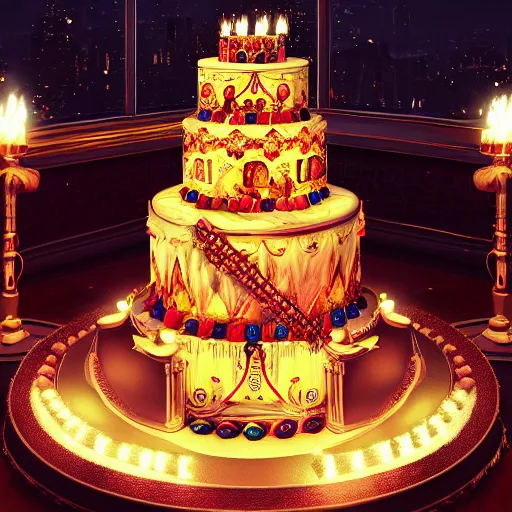 Image similar to epic view of a giant birthday cake with lit candles, cake, candles, 4 k, hyperdetailed, hyperrealistic, trending on artstation, ornate, elegant, dramatic lighting