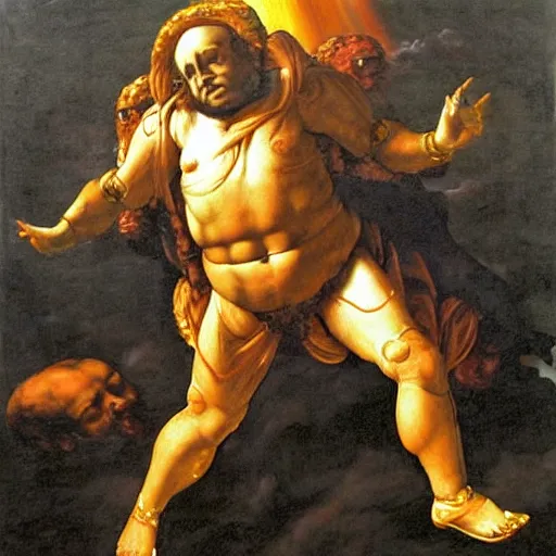 Prompt: Danny Devito as God dressed in a holy exosuit preparing to fight the devil, heaven, surreal, Leonardo Divinci inspired, Michael Angelo inspired, Painting, Religious art