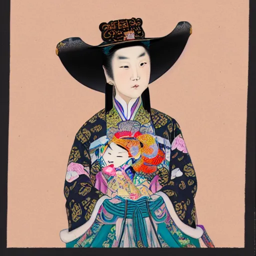 Image similar to full view, from a distance, of princess from the qing dynasty with tattoos, wearing a cowboy hat, style of yoshii chie and hikari shimoda and martine johanna, highly detailed