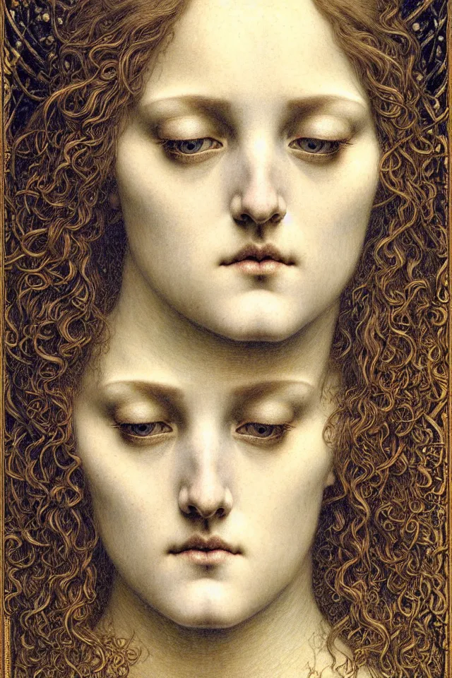 Image similar to detailed realistic beautiful young medieval queen face portrait by jean delville, gustave dore and marco mazzoni, art nouveau, symbolist, visionary, gothic, pre - raphaelite. horizontal symmetry