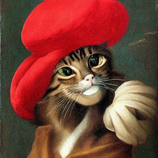 Prompt: a renaissance painting of a cat wearing a beret