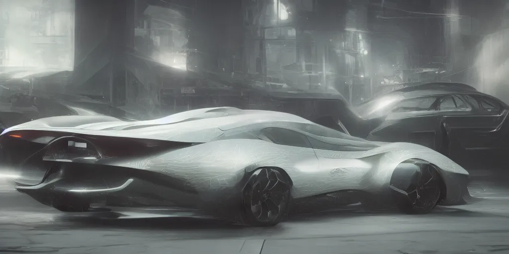 Image similar to full view of a car, painted in white holographic pearlescent, elegant, digital painting, concept art, smooth, sharp focus, art style from Wang Ke and Greg Rutkowski and Bruce Kaiser and Scott Robertson and Dmitry Mazurkevich and Doruk Erdem and Jon Sibal, small style cue from Blade Runner