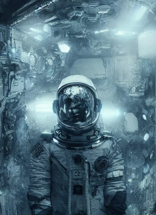 Prompt: poster by craig mullins astronauts in futuristic dark and empty flash factory underwater. complex and hyperdetailed technical suit. mandelbulb fractal. reflection and dispersion materials. rays and dispersion of light. volumetric light. 5 0 mm, f / 3 2. noise film photo. flash photography. octane render. interstellar movie art