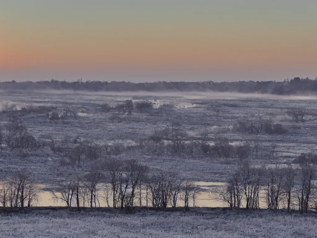 Prompt: I stand on a bridge at dawn on cold winter’s morning. There is frost on the ground and mist over the water. Two swans are swimming in the distance. I can just make out the roofs of some buildings in the far distance, but generally this area is rural. The first rays of sunlight are just emerging and are starting to cast a beautiful golden light across the fields. A goose flies low overhead. I raise my camera and hope to capture the beauty of this scene on my Sony A7R camera with a 17mm wide angled lens