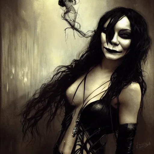 Image similar to beautiful portrait of vanessa hudgens as death from sandman, smiling, by cedric peyravernay, alphonse mucha, by jeremy mann, by lecouffe deharme, goth chic, soft lightning, eyeliner, punk rock, high detailed, 8 k