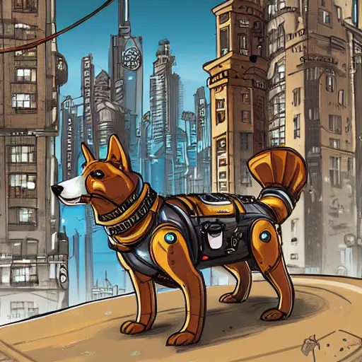 Prompt: steampunk corgi robot in a futuristic cityscape, detailed digital illustration