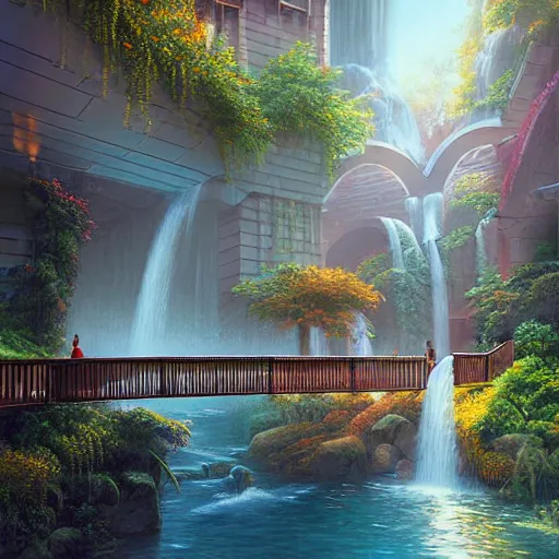 Image similar to walkway waterfall skies rich hyper realism 8 k octane render sacred by evgeny lushpin, moebius, john stephens, rhads, arthur adams