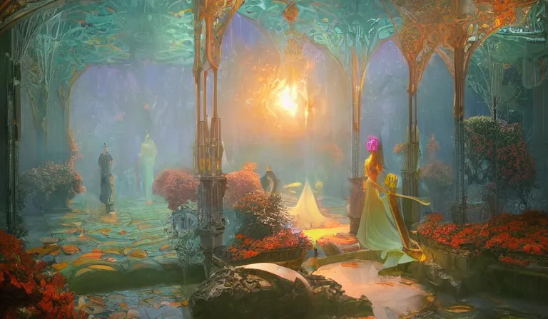 Prompt: dreamlike royal garden fantasycore, glossy painting, Art Nouveau Cosmic 4k Detailed Matte Illustration featured on Getty Images ,CGSociety, Jade and Carrot orange color scheme, Pastiche by Marc Simonetti, Pastiche by Cedric Peyravernay