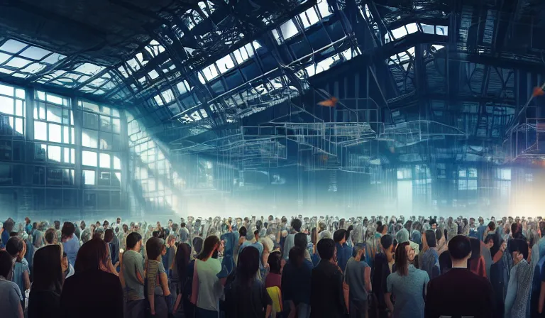 Image similar to crowd of people in blank walled warehouse, looking at hologram of futuristic city on a table, cinematic concept art, godrays, golden hour, natural sunlight, 4 k, clear details, tabletop model buildings, center model buildings, hologram center, crane shot, crane shot, crane shot