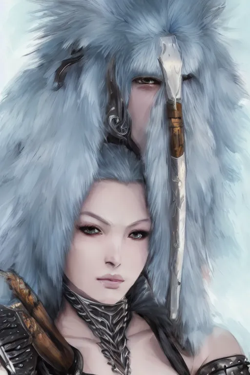 Prompt: beautiful semi realistic anime portrait of a gorgeous female barbarian with white hair, pale blue eyes, looking at camera, D&D, fur cape, full body plated armor, long wild spiky hair, cocky smirk, intricate outfit, elegant, stylish, fantasy, dark fantasy, epic fantasy, extremely detailed, digital painting, artstation, concept art, HD, 8k, smooth, sharp focus, illustration, stunning lighting, art by artgerm and greg rutkowski and alphonse mucha and simon stalenhag, fully clothed, fully dressed, modestly dressed