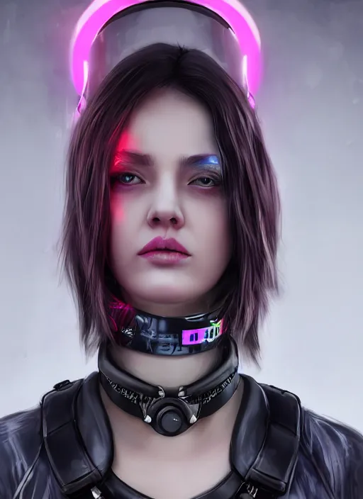 Image similar to detailed realistic female character cyberpunk wearing thick technological collar around neck, realistic, art, beautiful, 4K, collar, choker, collar around neck, punk, artstation, detailed, female, woman, choker, cyberpunk, neon, punk, collar, choker, collar around neck, cyberpunk, punk, neon