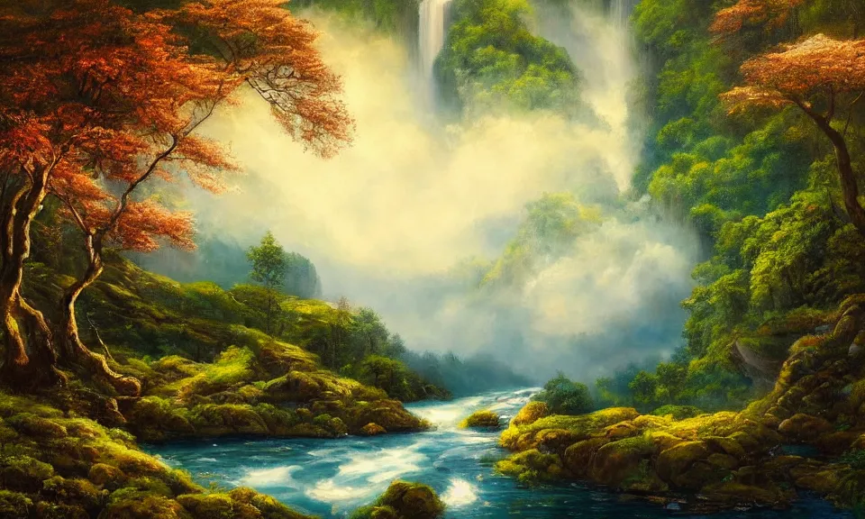 Prompt: the most beautiful panoramic landscape, oil painting, where a giant dreamy waterfall creates a river, the trees around are starting to bloom, shooting star, cinematic lighting, highly detailed, very realistic