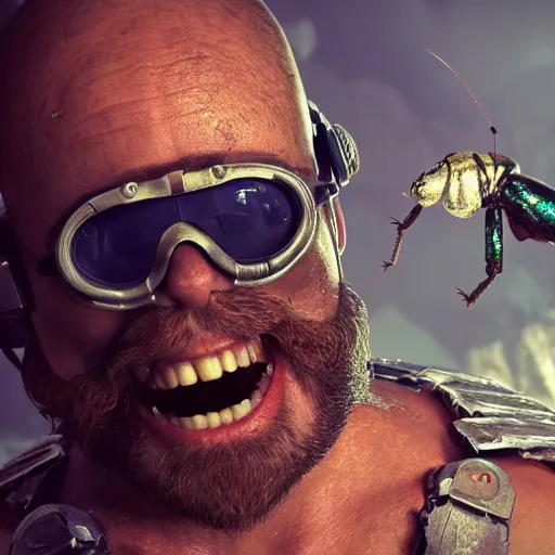 Prompt: highly detailed octane render of a close up portrait of an ugly man with a beard wearing goggles and armour and screaming in a cave whilst shooting a grenade launcher at a giant insect