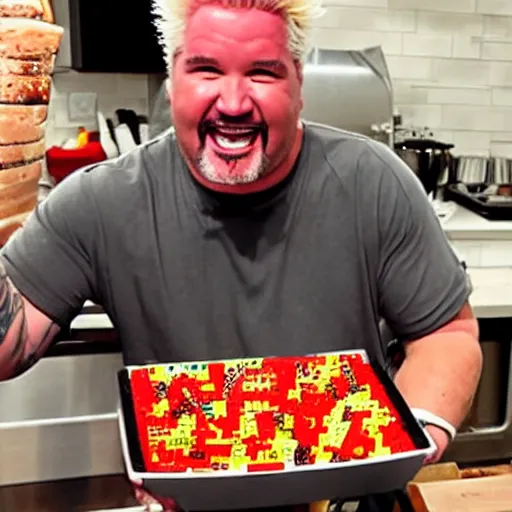 Image similar to guy fieri smiling ear to ear after making a lego food dish