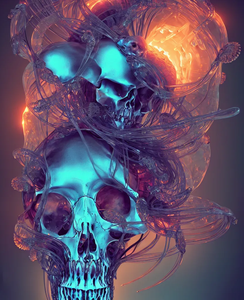 Image similar to goddess close-up portrait animal skull. jellyfish phoenix head, nautilus, orchid, skull, betta fish, bioluminiscent creatures, intricate artwork by Tooth Wu and wlop and beeple. octane render, trending on artstation, greg rutkowski very coherent symmetrical artwork. cinematic, hyper realism, high detail, octane render, 8k