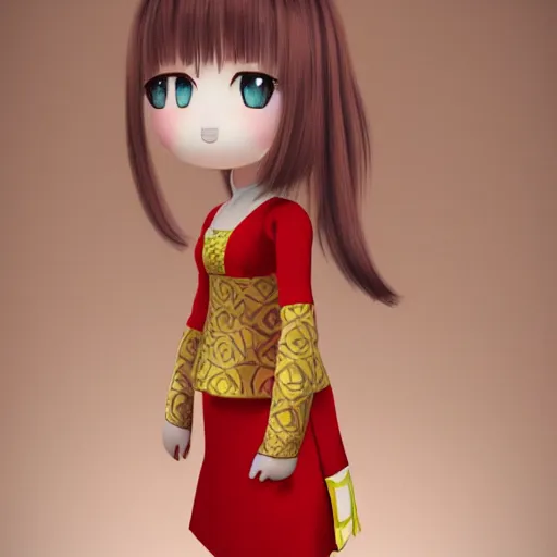 Prompt: cute fumo plush of a girl in a red and gold patterned dress, stylized material bssrdf, vray, anime girl