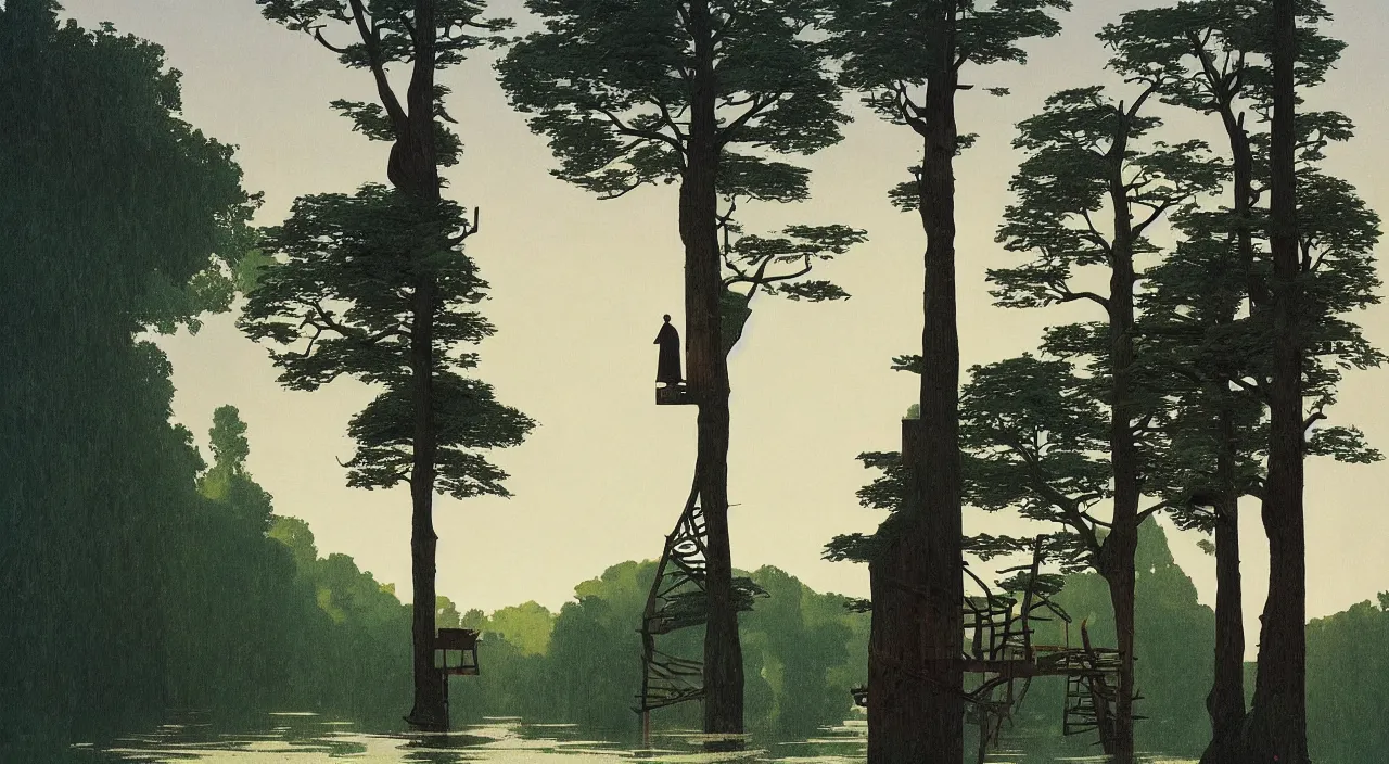 Image similar to single flooded simple thick wooden tree tower!, very coherent and colorful high contrast!! masterpiece by rene magritte simon stalenhag carl spitzweg syd mead norman rockwell edward hopper james gilleard, minimalist, dark shadows, sunny day, hard lighting