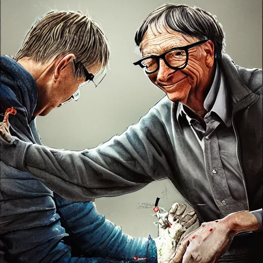 Image similar to bill gates holding a vaccine in his hand, body horror, by ralph steadman, feeling of grimdark, sharp focus, fiction, hyper detailed, digital art, trending in artstation, cinematic lighting, studio quality, smooth render, unreal engine 5 rendered, octane rendered, art style and nixeu and wlop and krenz cushart