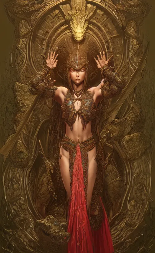 Image similar to crocodile godess in temple portal, reptilian skin, d & d, fantasy, intricate, elegant, highly detailed, digital painting, artstation, concept art, matte, sharp focus, illustration, art by artgerm and greg rutkowski and alphonse mucha