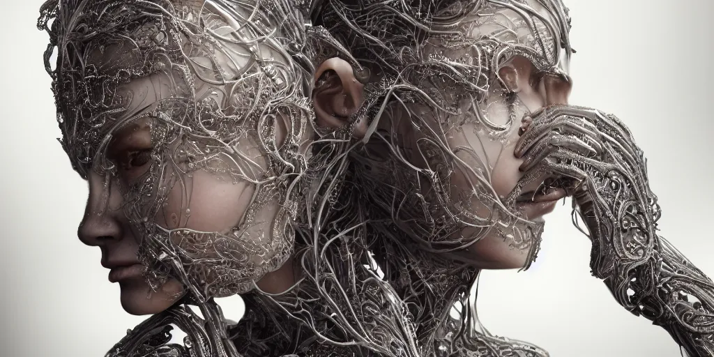 Image similar to realistic photography of a beautiful cyborg androgynous humanoid, hand on chin, holding close, in liquid, intricate filigree, in the style of beth cavener, jin kagetsu, wlop, highly detailed, symmetry, masterpiece, concept art, ringflash, highkey lighting, ambient lighting, octane render, 8 k, artstation