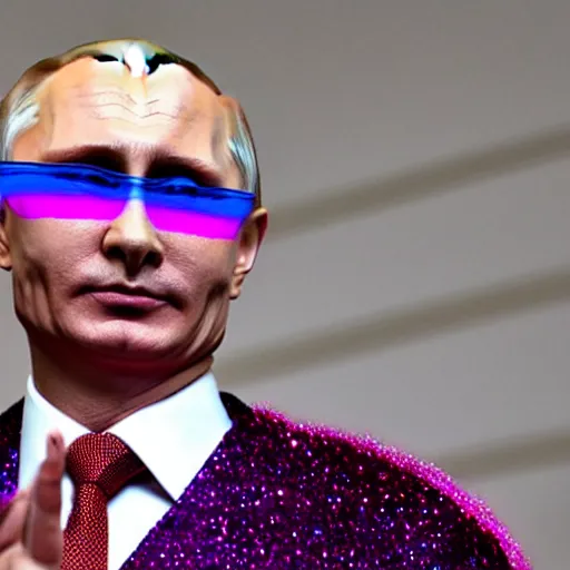Prompt: Putin with a rainbow shirt and pink glasses, glitter make-up