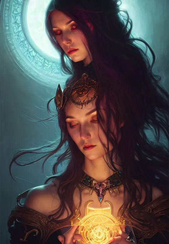 Image similar to Necromancer Sorceress in center, fantasy magic, undercut hairstyle, dark light night, intricate, elegant, sharp focus, illustration, highly detailed, digital painting, concept art, matte, art by WLOP and Artgerm and Greg Rutkowski and Alphonse Mucha, masterpiece