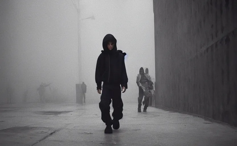 Image similar to cinestill 5 0 d candid photographic portrait by helen levitt of a mixed teen wearing rugged black mesh techwear, modern cyberpunk moody emotional cinematic, white pale concrete city, dust storm, 8 k, hd, high resolution, 3 5 mm, f / 3 2, ultra realistic faces, ex machina