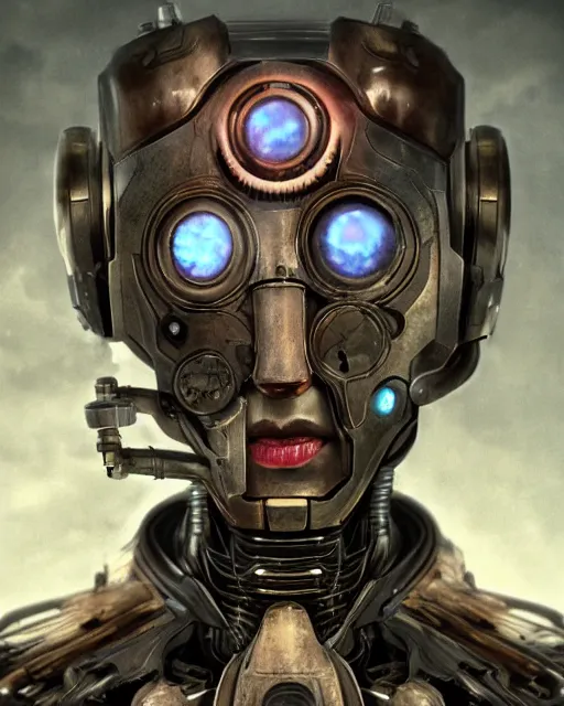 Prompt: portrait of an opal ultron from age of ultron, clockwork steampunk, dieselpunk, head and chest only, by beksinski, 4 k, deviantart, 3 d unreal engine, trending on artstation