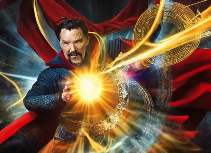 Image similar to dr. strange casting a shield spell in the metaverse with a shiba inu samurai at his feet, hyper realistic, highly detailed, perfect face, smooth, focus