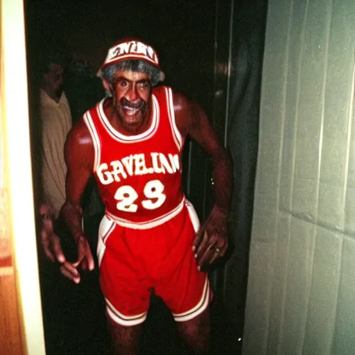 Prompt: grainy photo of julius erving as a creepy monster in a closet, harsh flash