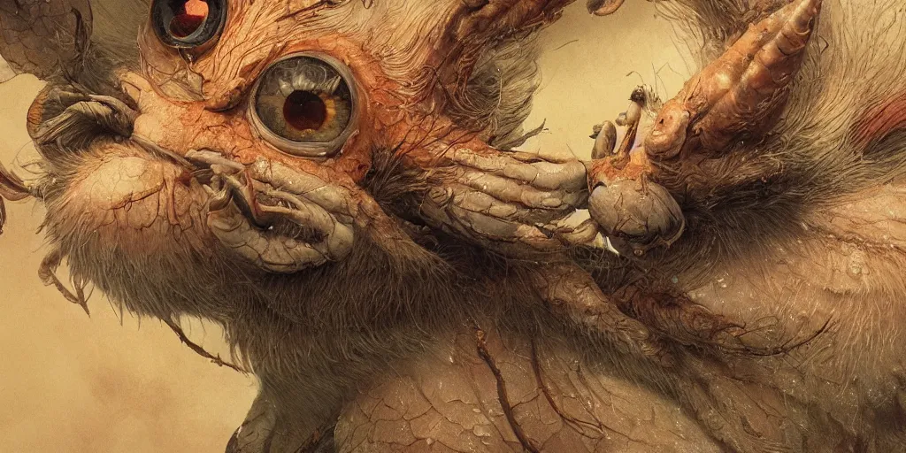 Prompt: a closeup shot of a little cute strange animal illustrated by miyazaki by karol bak, james jean, tom bagshaw, rococo, sharp focus, trending on artstation, cinematic lighting, hyper realism, octane render, 8 k, hyper detailed, vivid, ultra detailed, highly detailed, zbrush