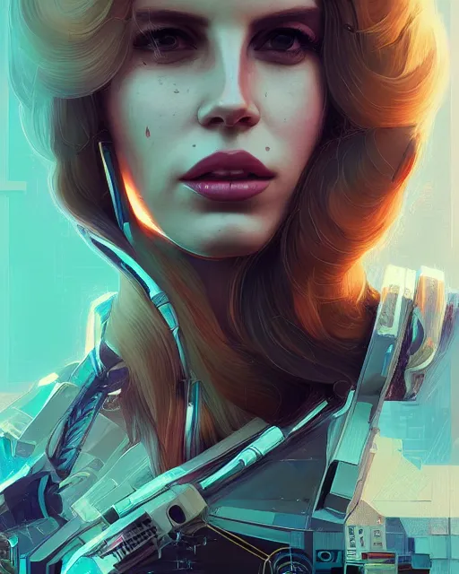 Image similar to portrait of lana del rey as a cyborg. intricate abstract. intricate artwork. by tooth wu, wlop, beeple, dan mumford. octane render, trending on artstation, greg rutkowski very coherent symmetrical artwork. cinematic, hyper realism, high detail, octane render, 8 k, iridescent accents