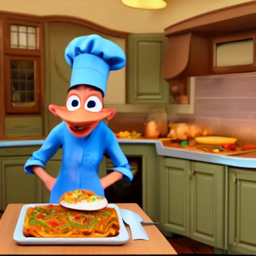 Image similar to pixar 3 d style cute platypus on a kitchen wearing a chef hat and holding a lasagna into an oven, pixar style, 3 d, ratatouille style