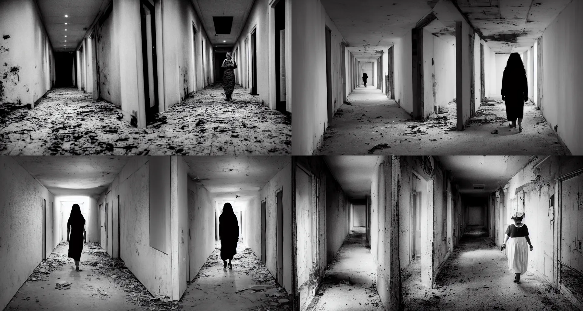 Prompt: A very macular woman in white is walking dark hallway in abandoned building at midnight, dark place, deep shadow, Close up, Front view, film still