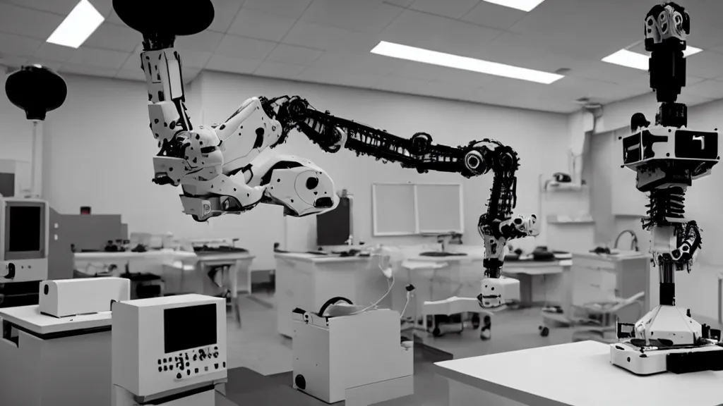 Image similar to a complex bifurcated robotic cnc surgical arm hybrid mri 3 d printer machine making black and white ceramic mutant forms in the laboratory inspection room, film still from the movie directed by denis villeneuve with art direction by salvador dali, wide lens