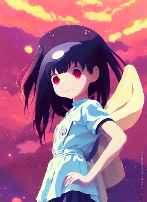 Image similar to portrait of a very cute girl with big eyes big smile, very anime space background illustration concept art anime key visual trending pixiv fanbox by wlop and greg rutkowski and makoto shinkai and studio ghibli and kyoto animation