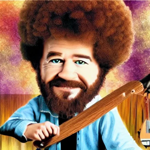 Prompt: bob ross riding a rocking horse on acid