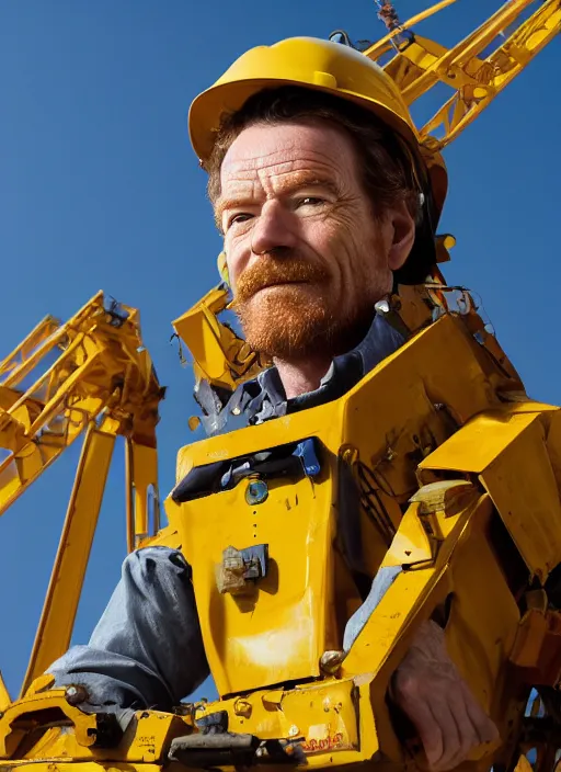 Prompt: closeup portrait of mecha bryan cranston with construction crane arms, yellow hardhat, natural light, bloom, detailed face, magazine, press, photo, steve mccurry, david lazar, canon, nikon, focus