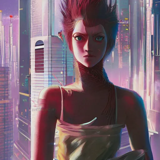 Prompt: Full body portrait of a young woman sitting on the ledge of a high rise building, cyberpunk, digital painting, exquisitely detailed, Monkey Punch, Hayao Miyazaki, Kazuma Kaneko