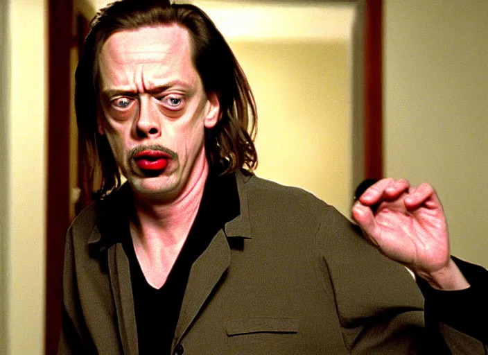 Prompt: steve buscemi in a still from the movie The Room (2003), saying Leave your stupid comments in your pocket!