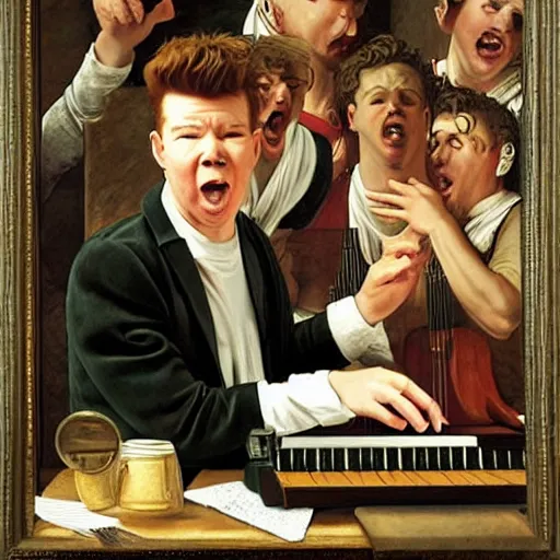 Prompt: a renaissance painting of rick astley singing never gonna give you up, highly detailed