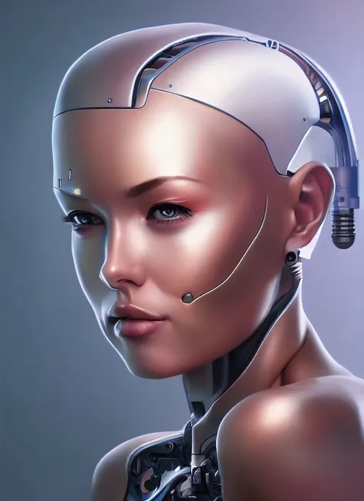 Prompt: portrait of a cyborg woman by Artgerm, face turns left (((((face turns right))))), eyes closed , biomechanical, hyper detailled, trending on artstation