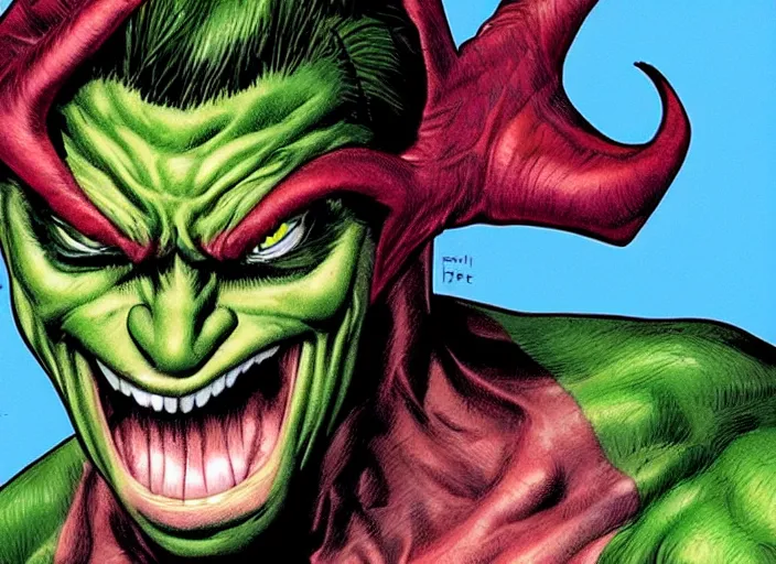 Image similar to portrait of hyper realistic comic green goblin