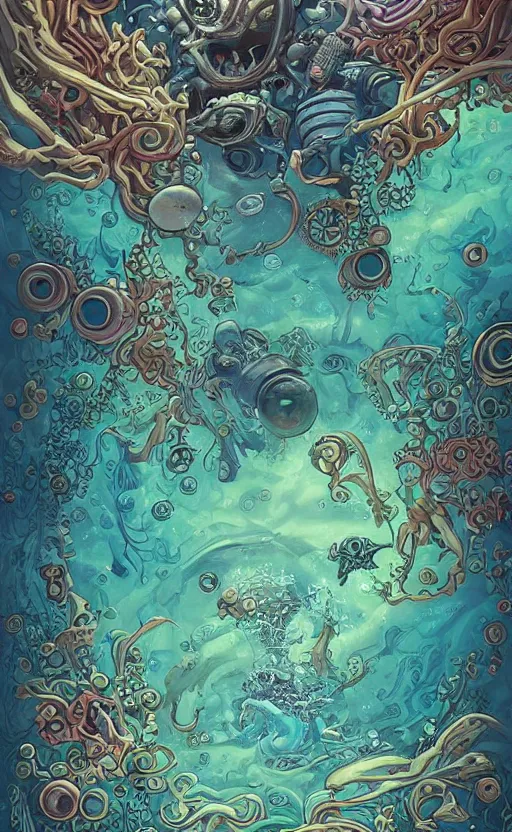 Prompt: a picture of mysterious colourful underwater creature, being discovered by a man in a steampunk diving suit. water is deep aquamarine coloured. poster art by james jean, concept art, behance contest winner, very detailed, award - winning. lovecraftian, cosmic horror, bioluminescence.