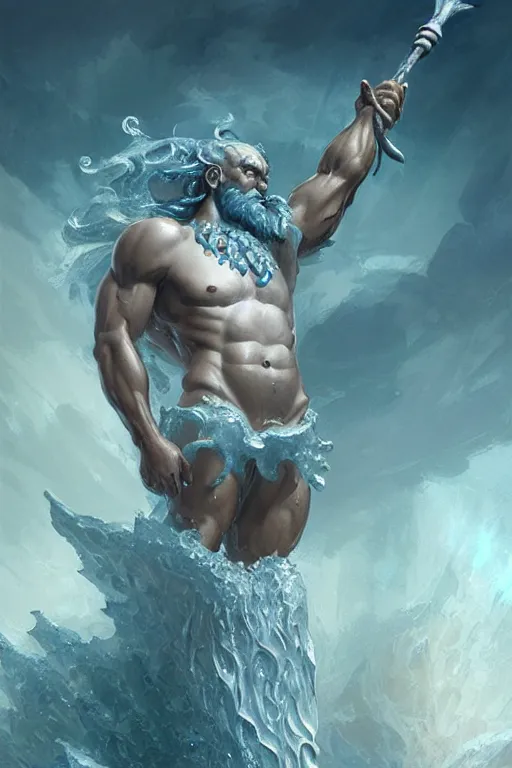 Image similar to poseidon humanoid god of the sea, trident, highly detailed, d & d, fantasy, highly detailed, digital painting, trending on artstation, concept art, sharp focus, illustration, art by artgerm and greg rutkowski and magali villeneuve