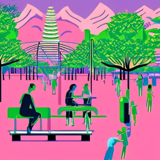 Image similar to art deco vaporwave illustration of a park with trees, benches, and a few people playing a tile game, with a futuristic pink pastel city in the background