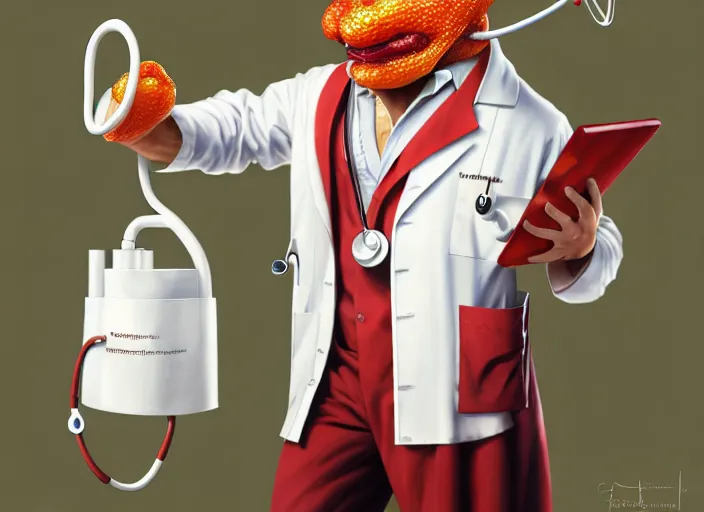 Prompt: a anthropomorphic pepper wearing a white lab coat and stethoscope, diffuse lighting, fantasy, intricate, elegant, highly detailed, lifelike, photorealistic, digital painting, artstation, illustration, concept art, smooth, sharp focus, art by frank frazetta and marco bucci and loish and rossdraws and artgerm and alphonse mucha