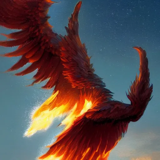 Image similar to phoenix flying in front of the moon, glowing light, fire, oil painting by greg rutkowski, 8 k